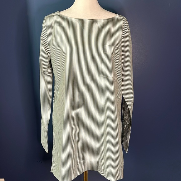 J Crew 6T pin stripe tunic top, fold back 3 button cuff, boat neck, side slits - Picture 10 of 10
